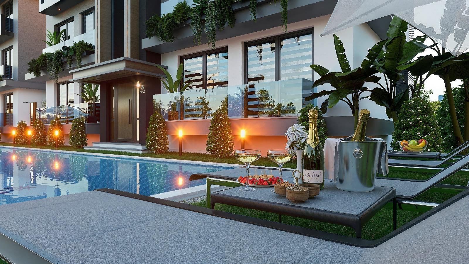 The shared pool and gardens at dusk