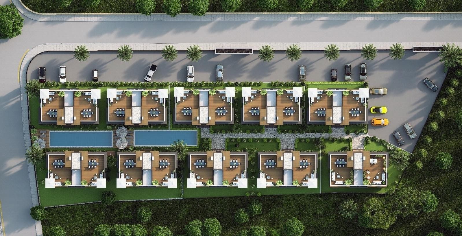 Aerial site plan: two rows of residences around two pools, with parking along the road